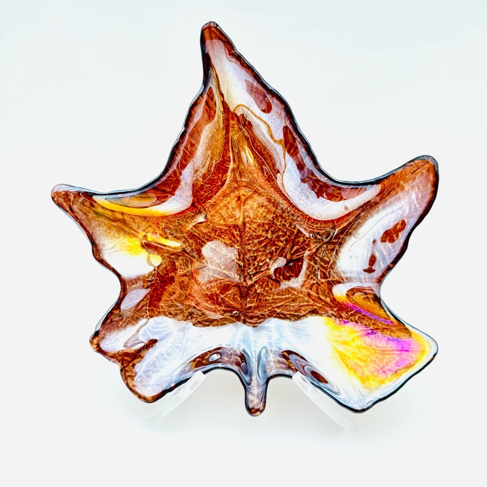 Vintage iridescent Glass Maple Leaf 🍁 Dish – Amber Brown Candy or Trinket Bowl